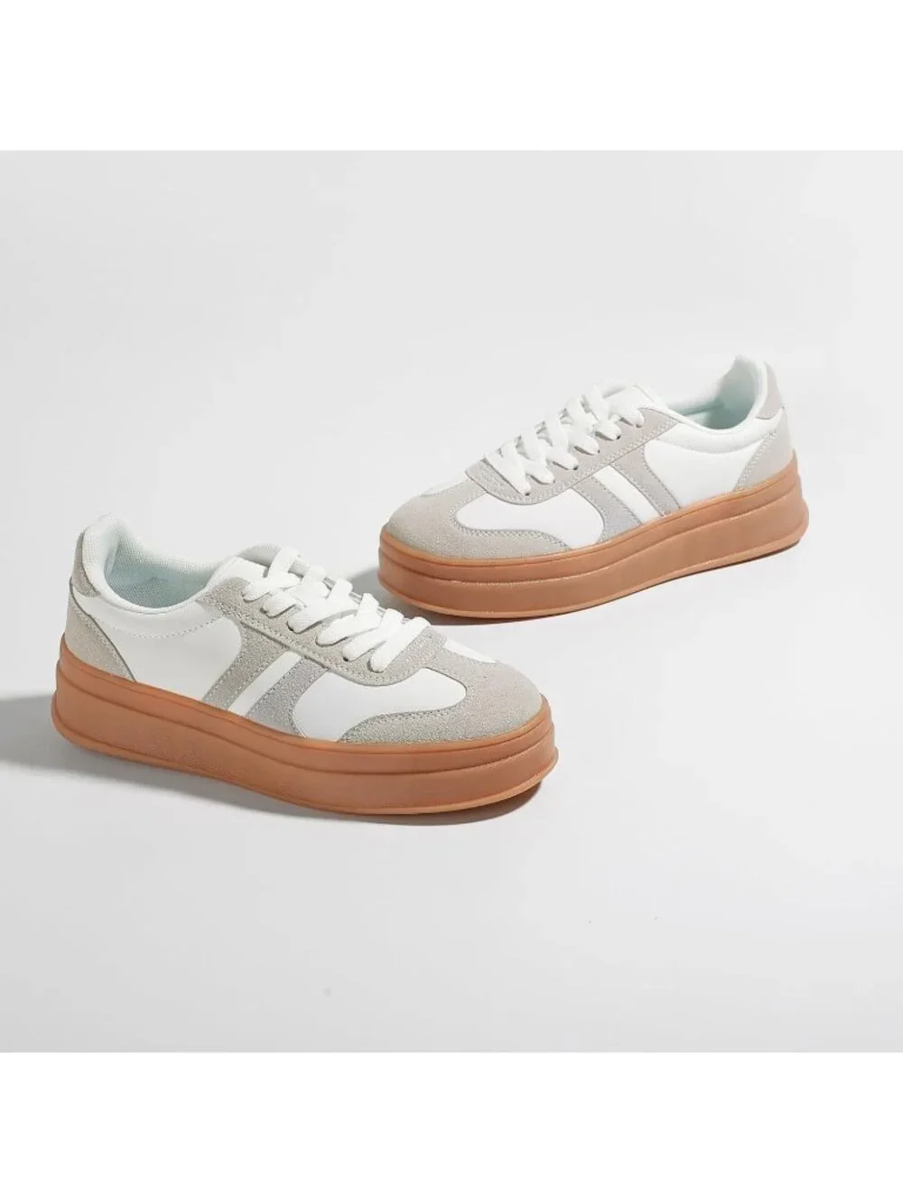 🆕Women's White Grey Gum Sole Fashion Sneakers Thick Platform Sole Rubber Shoes